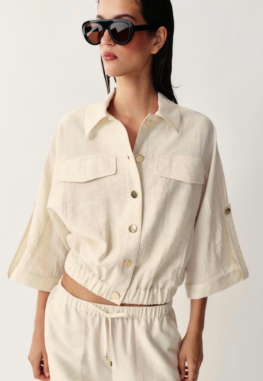 Zara Roll -Up Sleeve Safari Blouse Relax Fit Elastic hem Beige Women's M